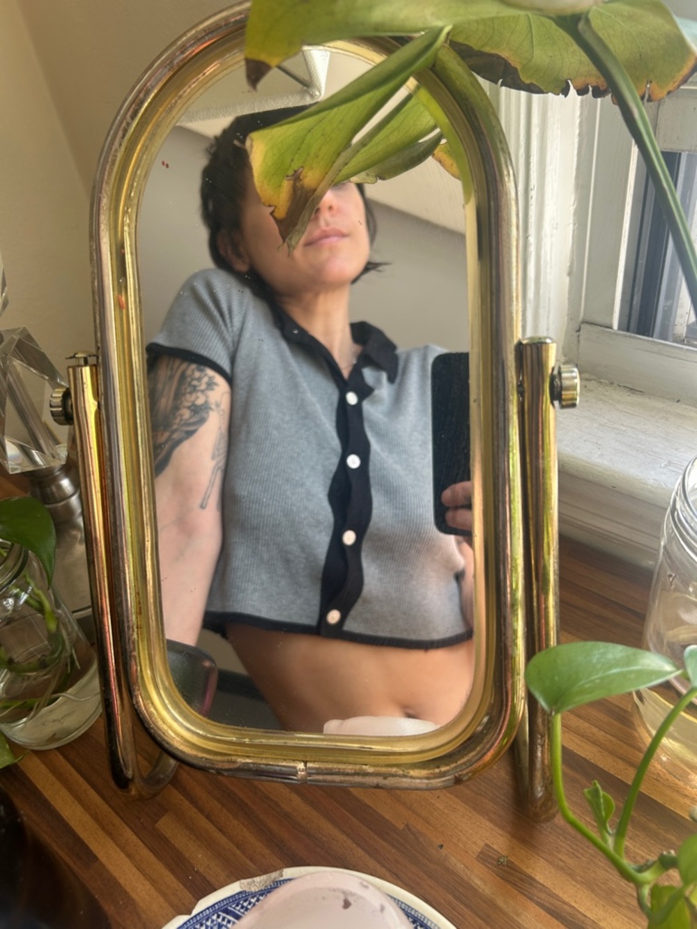 Grey & Black Ribbed Polo Button-Up Top